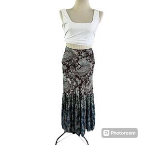 Y2K 2000s Blue Brown Paisley Ruffle Hem Maxi Skirt Sz 8 Forest Fairycore Grunge